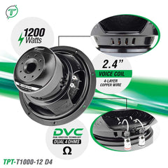 Timpano Audio TPT-T1000-12 D4 12" Car Audio Subwoofer 1200 Watts Dual 4 Ohm Deep Low Tones