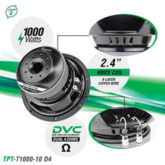 Timpano Audio TPT-T1000-10 D4 10" Car Audio Subwoofer 1000 Watts Dual 4 Ohm Deep Low Tones
