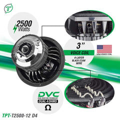 Timpano Audio TPT-T2500-12 D4 12" Car Audio Subwoofer 2500 Watts Dual 4 Ohm High Performance