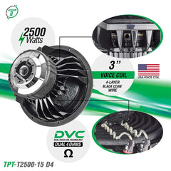 Timpano Audio TPT-T2500-15 D4 15" Car Audio Subwoofer 2500 Watts Dual 4 Ohm High Performance