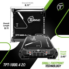 Timpano Audio TPT-1000.4 2 Ohm Compact 4 Channel Car Audio Amplifier 4x 260 Watts at 2 Ohm High Power Stereo 12 volts Fullrange Class D Amp Bridgeable