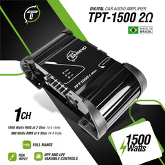 Timpano Audio TPT-1500 2 Ohm 1500 Watts Car Audio Amplifier Fullrange 1 Channel Compact 12 volts Monoblock Fullrange Class D Car Amp