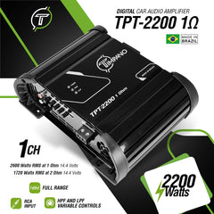 Timpano Audio TPT-2200 1 Ohm 2200 Watts Car Audio Amplifier Fullrange 1 Channel Compact 12 volts Monoblock Fullrange Class D Car Amp