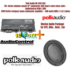 Polk Audio DB 1242 DVC DB+ Series shallow-mount 12" subwoofer with dual 4-ohm voice coils + AudioControl ACM-1.300 ACM Series compact mono subwoofer amplifier — 300 watts RMS x 1 at 2 ohms
