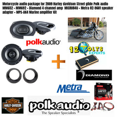 Motorcycle audio package for 2009 Harley davidson Street glide Polk audio MM652 + MM692 + Diamond 4 channel amp MICRO84U + Metra 82-9601 speaker adapter + MPS-AK4 Marine amplifier Kit