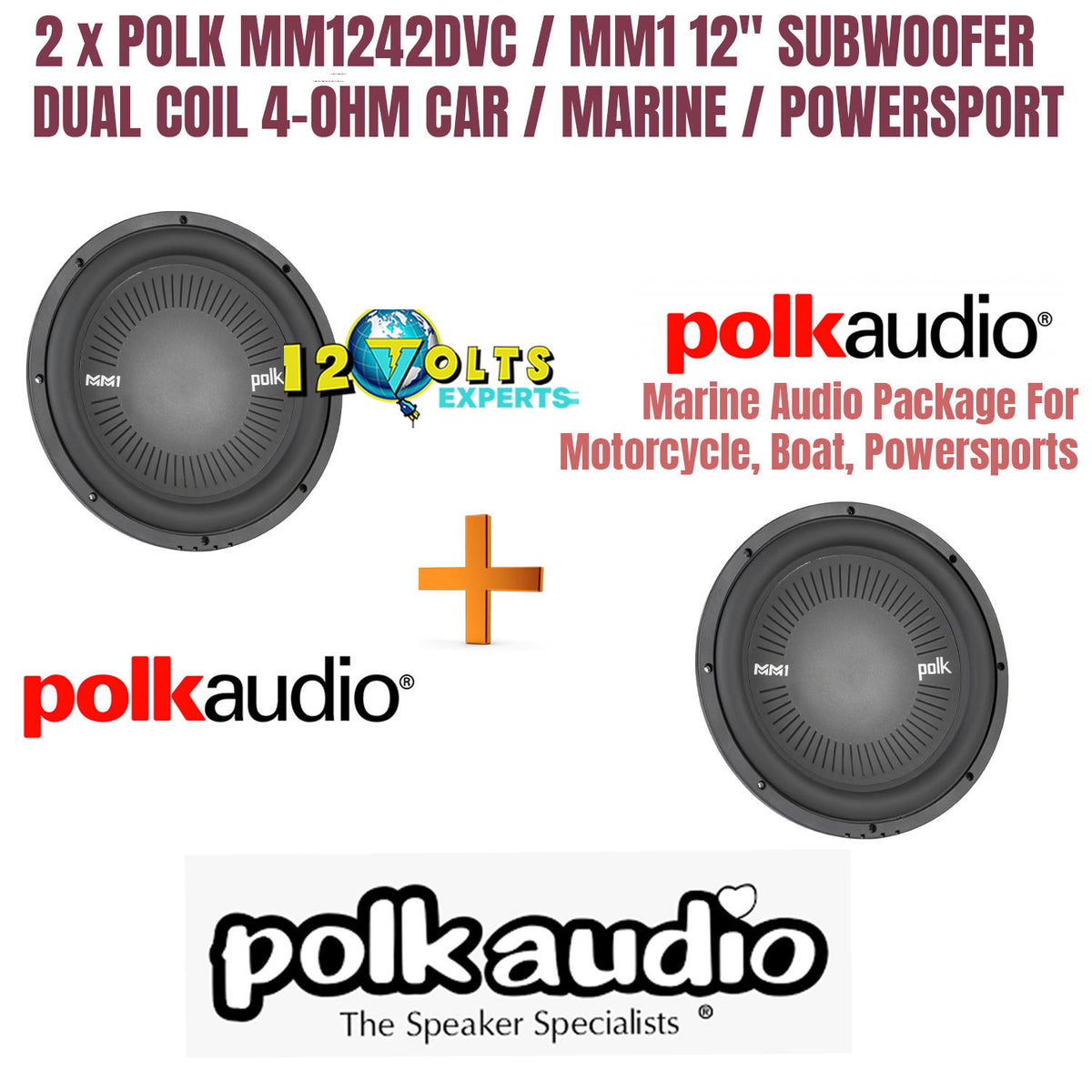 2 X POLK AUDIO MM1242DVC MM1 12" CAR / MARINE SUBWOOFER 1200 WATT DVC 4-OHM SUB