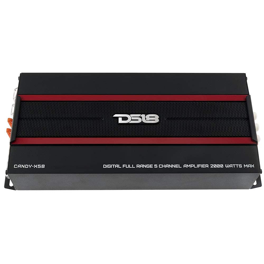 DS18 CANDY-X5B Amplifier in Black - Class D, 5 Channels, 2000 Watts Max, Digital, 1/2/4 Ohm, with Remote Subwoofer Level Controller - Compact Amplifier for Speakers in Car Audio System