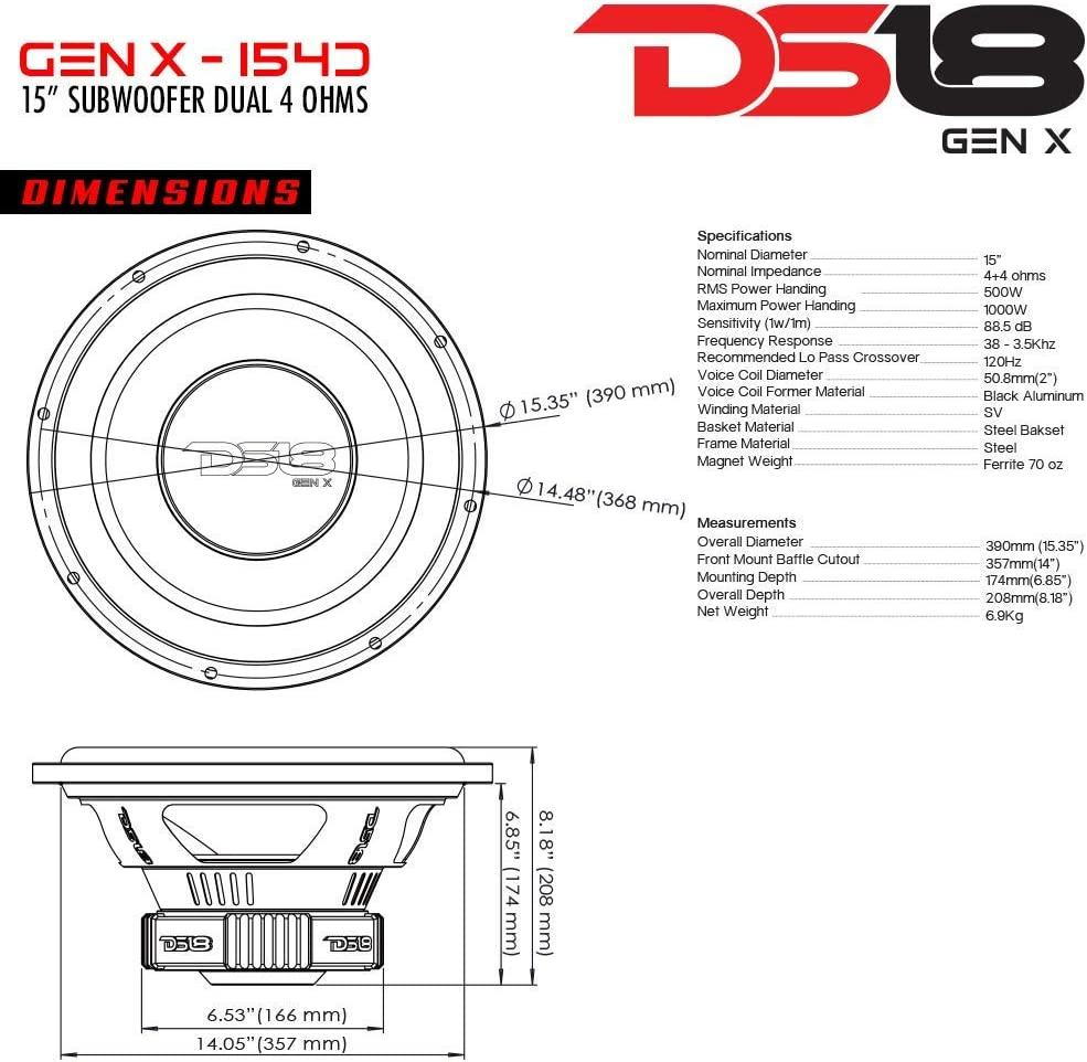 DS18 GEN-X154D 15" Car Subwoofer 1000 Watts 4-Ohm DVC