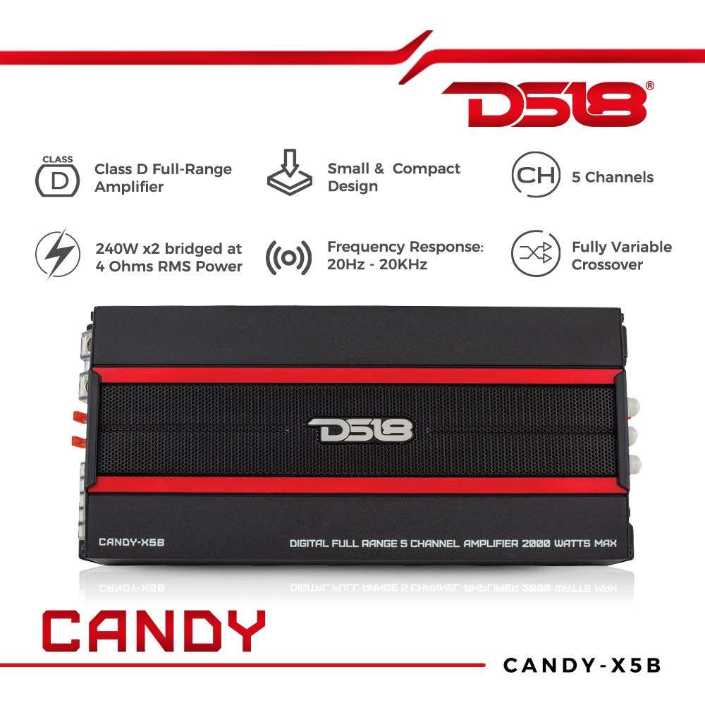 DS18 CANDY-X5B Amplifier in Black - Class D, 5 Channels, 2000 Watts Max, Digital, 1/2/4 Ohm, with Remote Subwoofer Level Controller - Compact Amplifier for Speakers in Car Audio System