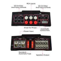 DS18 CANDY-X5B Amplifier in Black - Class D, 5 Channels, 2000 Watts Max, Digital, 1/2/4 Ohm, with Remote Subwoofer Level Controller - Compact Amplifier for Speakers in Car Audio System