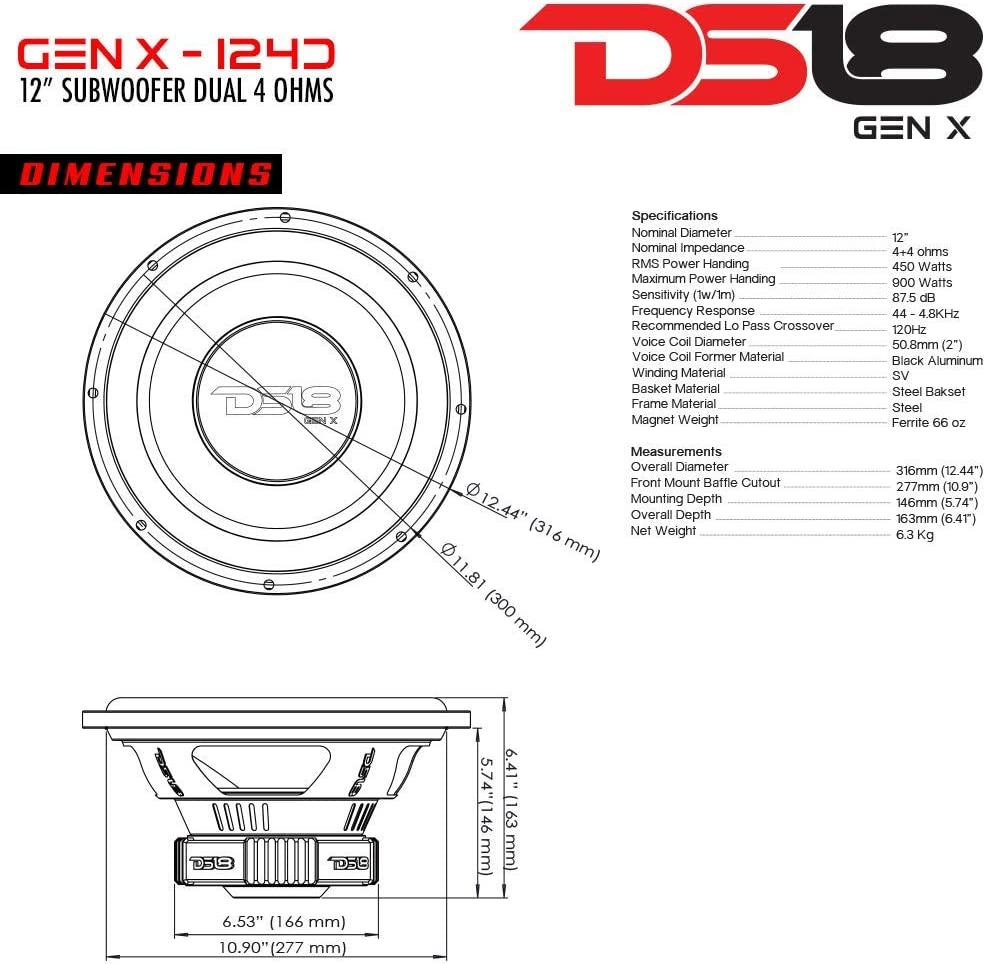 DS18 GEN-X124D 12" Car Subwoofer 900 Watts 4-Ohm DVC