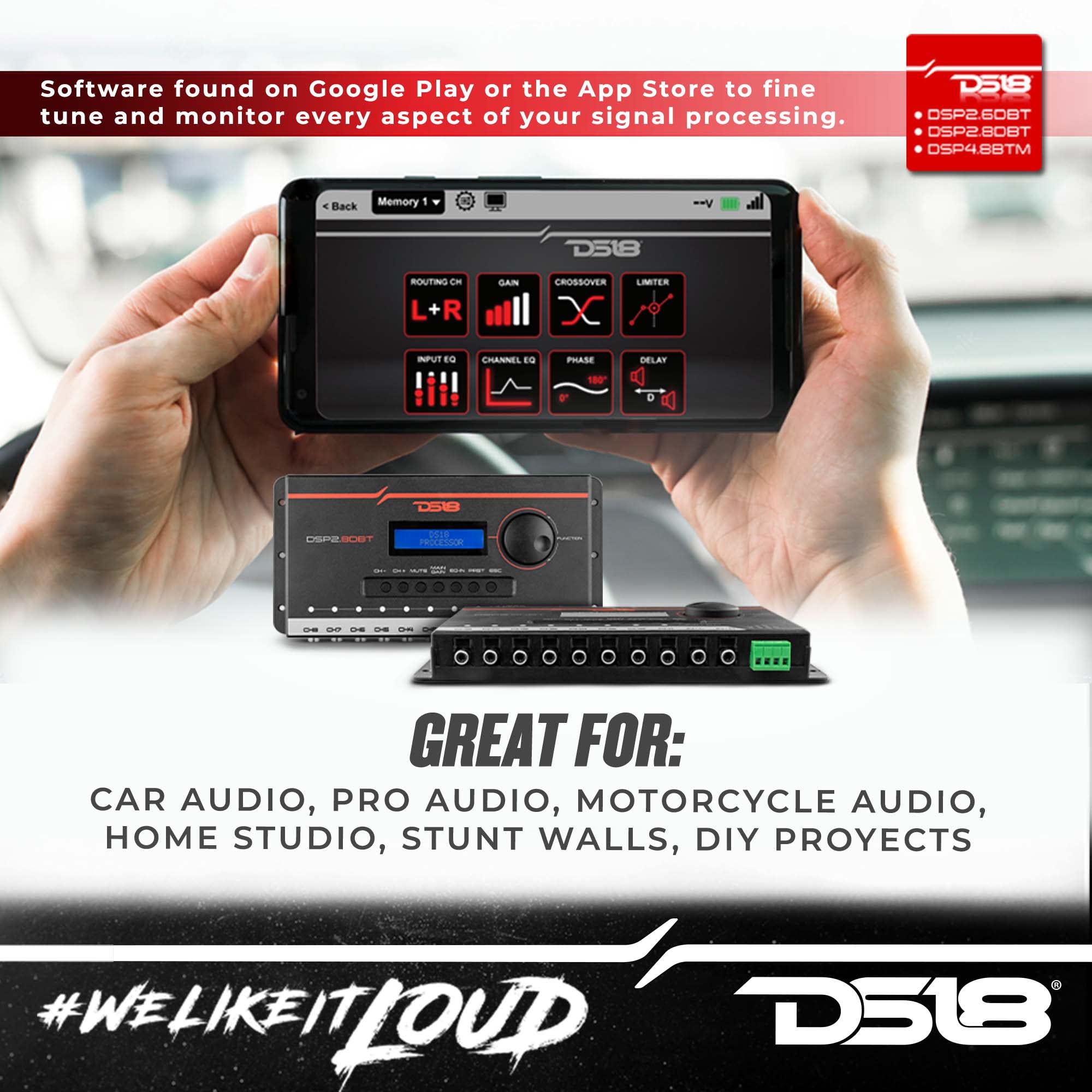 DS18 DSP2.8DBT 2-Channel in and 8-Channel Out Digital Sound Processor with Bluetooth and LCD Screen. Didactic and Intuitive Interface Through The App.