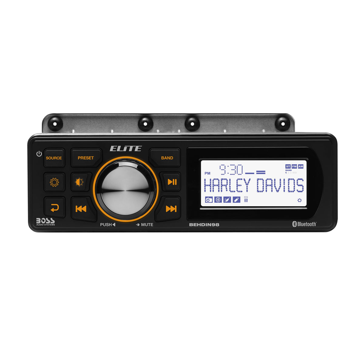 BOSS Audio Systems BEHDIN98 Harley Davidson Amplified Bluetooth Receiver – Directly Fits 1998-2013 Electra Glide & Road Glide, 3” Monochrome LCD