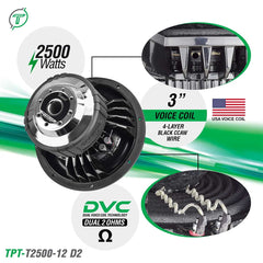 Timpano Audio TPT-T2500-12 D2 12" Car Audio Subwoofer 2500 Watts Dual 2 Ohm High Performance