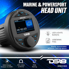 DS18 HYDRO MRX100 Marine Head Unit Video TFT LCD Screen, 2 Zones, 4 Volts Output, BT, 4x50 Watts MAX