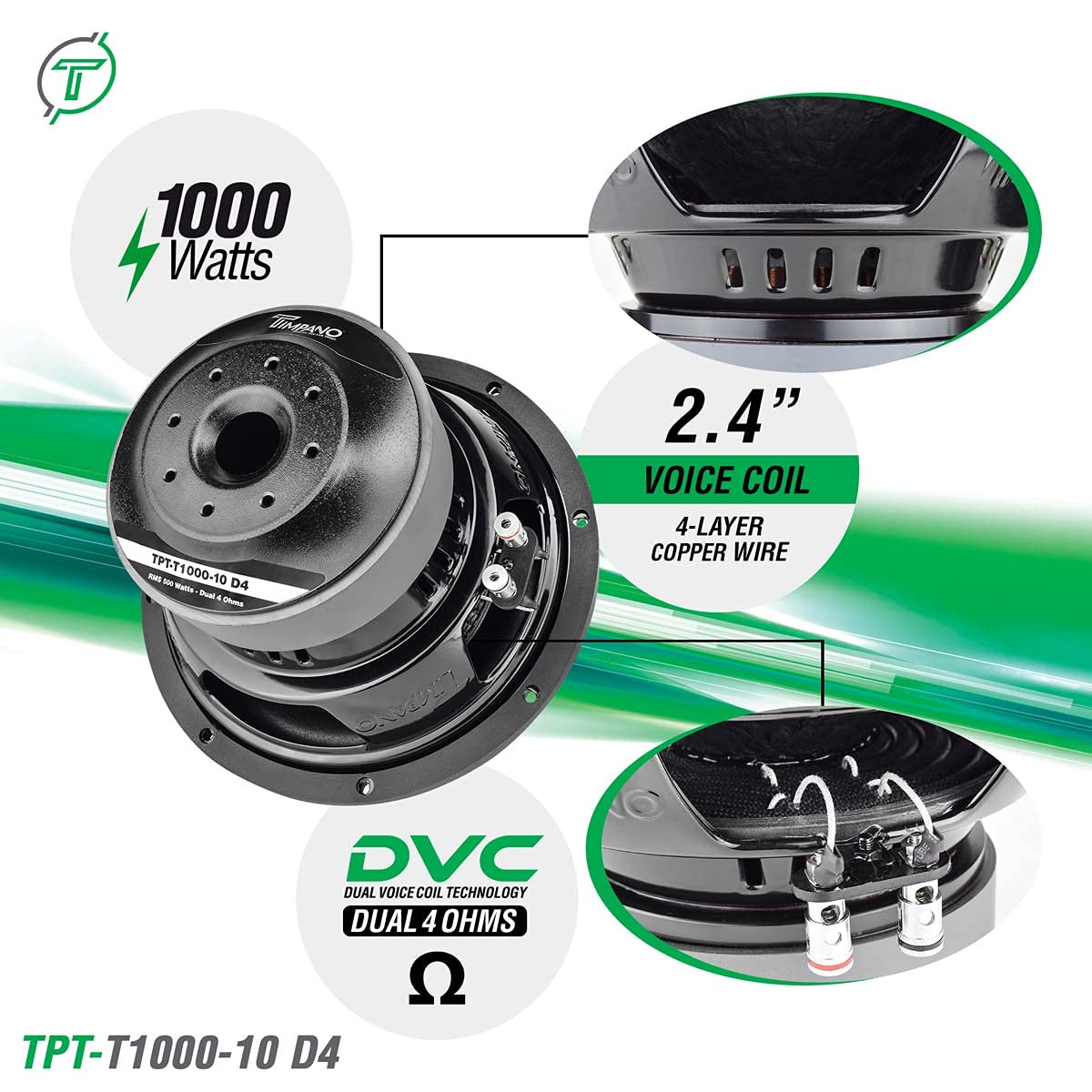 Timpano Audio TPT-T1000-10 D4 10" Car Audio Subwoofer 1000 Watts Dual 4 Ohm Deep Low Tones