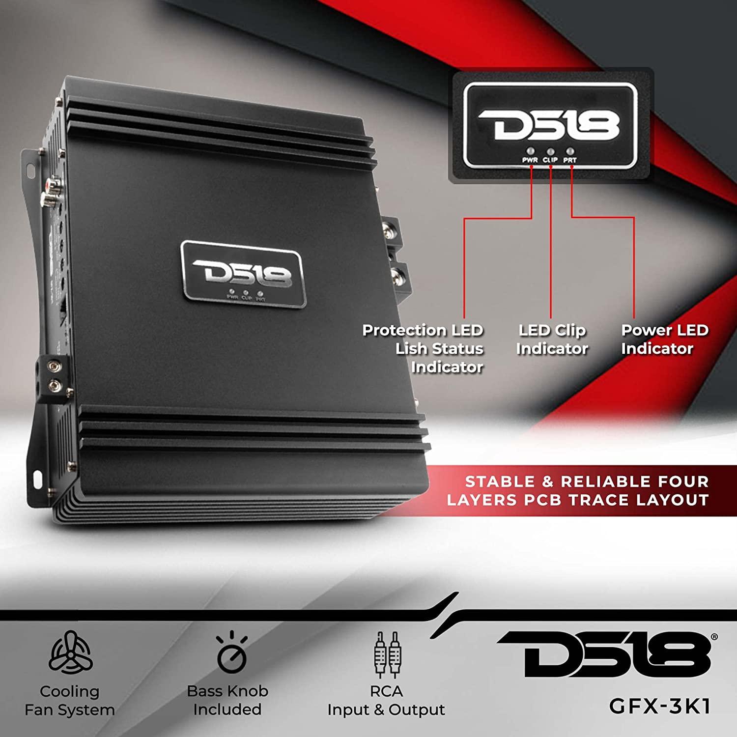 DS18 GFX-3K1 – Full-Range Class D 1-Channel Monoblock Amplifier – 3000 Watts RMS, 1-Ohm