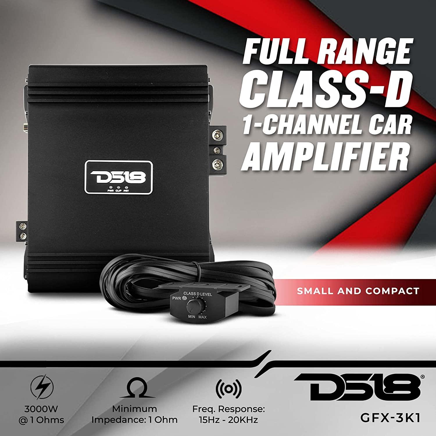 DS18 GFX-3K1 – Full-Range Class D 1-Channel Monoblock Amplifier – 3000 Watts RMS, 1-Ohm