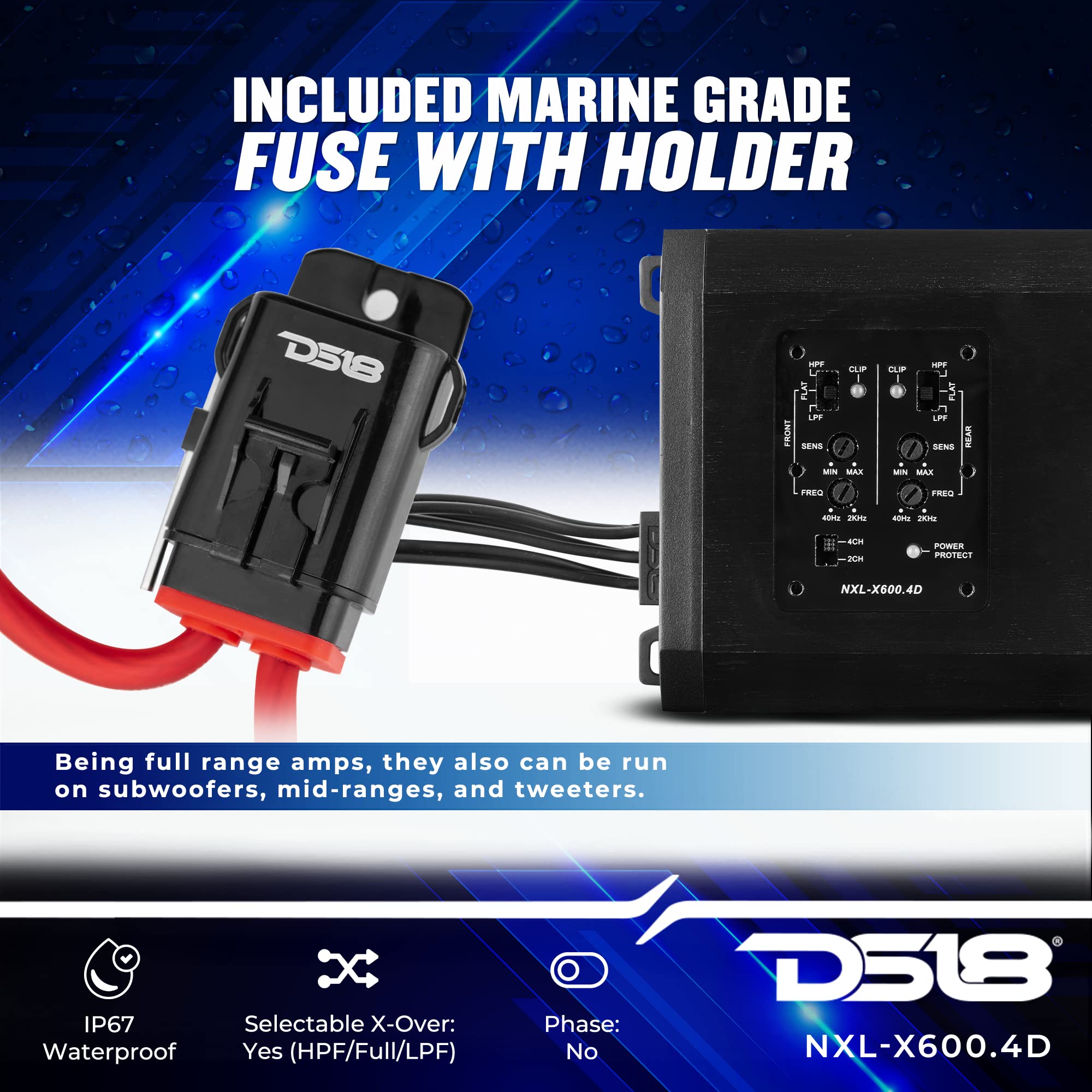 DS18 HYDRO  NXL-X600.4D 4-Channel Marine Waterproof Amplifier  Class D Full-Range 4 x 150 Watts RMS @ 4 Ohm 1600 Watts Peak