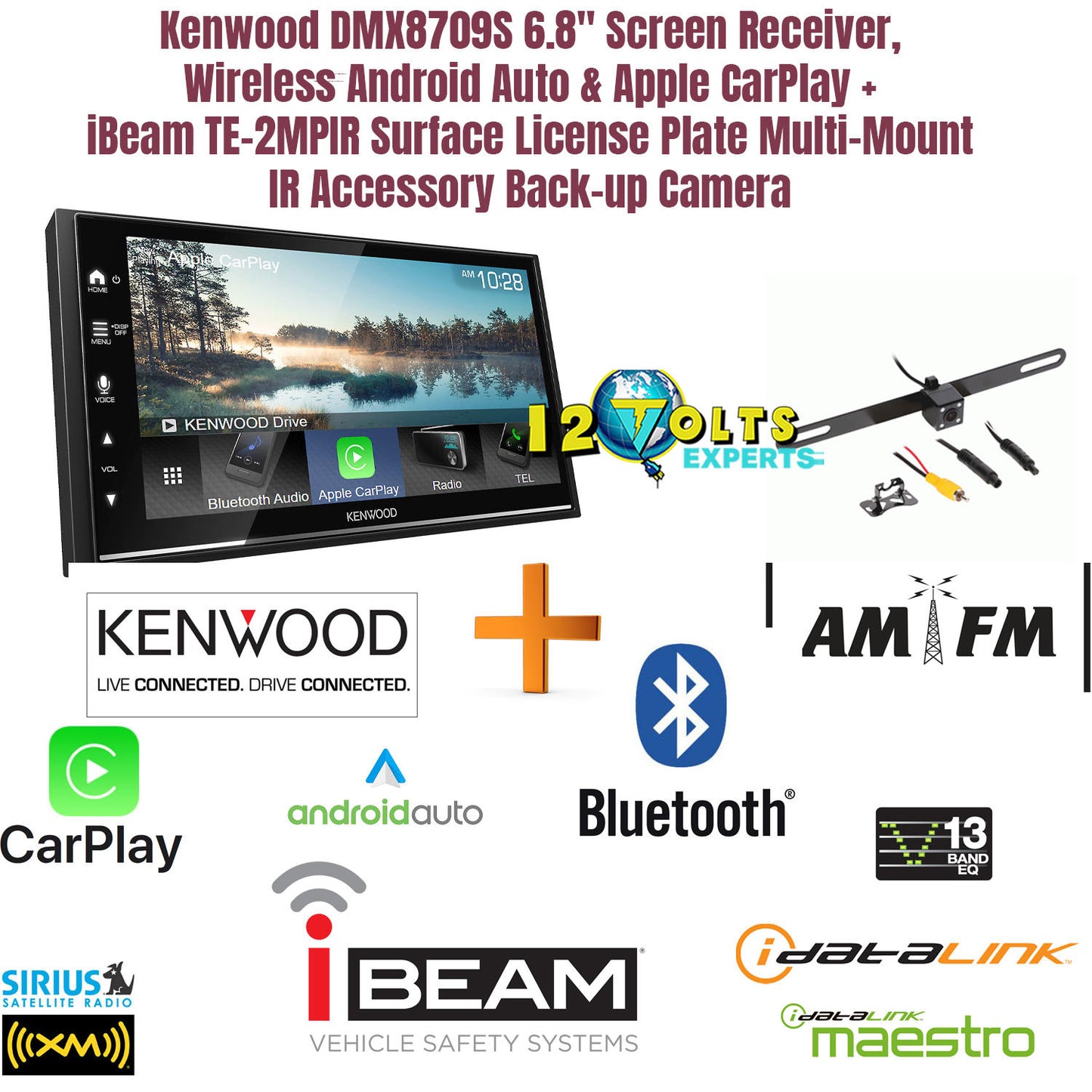 Kenwood DMX8709S 6.8" Screen Receiver,  Wireless Android Auto & Apple CarPlay + iBeam TE-2MPIR Surface License Plate Multi-Mount  IR Accessory Back-up Camera