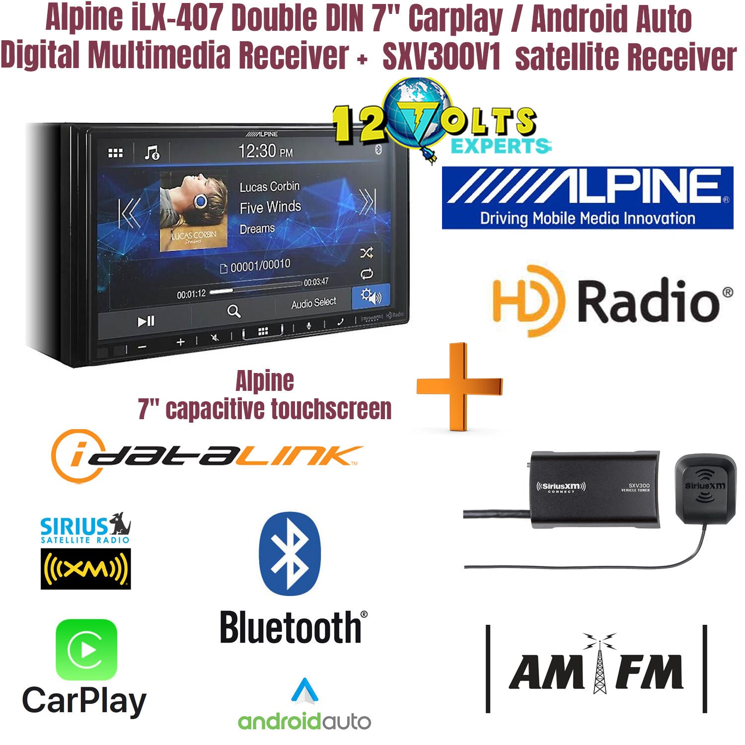 Alpine iLX-407 Double DIN 7" Carplay / Android Auto Digital Receiver +  SXV300V1 satellite Receiver Tuner