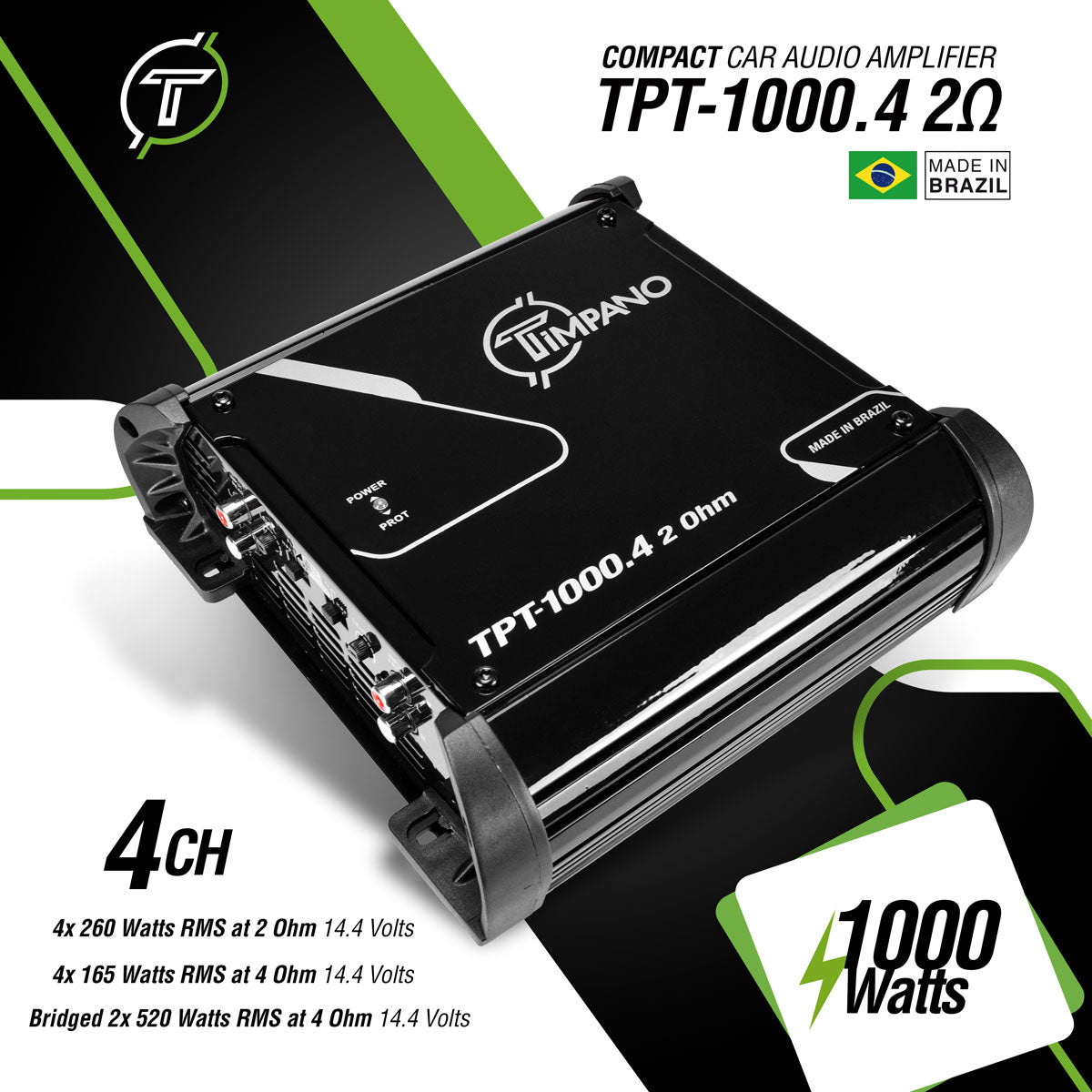 Timpano Audio TPT-1000.4 2 Ohm Compact 4 Channel Car Audio Amplifier  4x 260 Watts at 2 Ohm  High Power Stereo 12 volts Fullrange Class D Amp Bridgeable