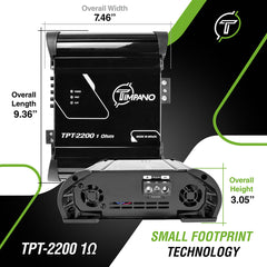 Timpano Audio TPT-2200 1 Ohm 2200 Watts Car Audio Amplifier Fullrange  1 Channel Compact 12 volts Monoblock Fullrange Class D Car Amp