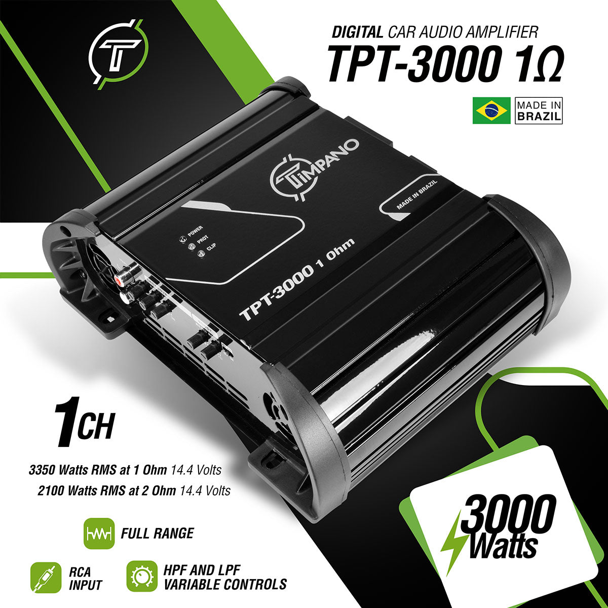 Timpano Audio TPT-3000 1 Ohm 3000 Watts Car Audio Amplifier Fullrange  1 Channel Compact 12 volts Monoblock Fullrange Class D Car Amp