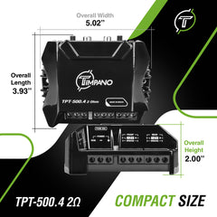Timpano Audio TPT-500.4 2 Ohm Compact 4 Channel Car Audio Amplifier  4x 125 Watts at 2 Ohm  Mini Stereo 12 volts Fullrange Class D Amp Bridgeable