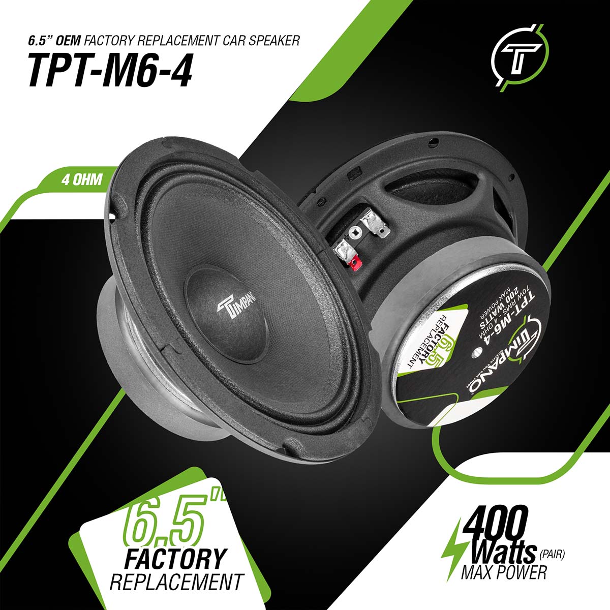 Timpano Audio TPT-M6-4 Midrange 6.5" Shallow Car Speaker 400 Watts Max Peak Power ( PAIR ) 4 Ohm OEM Replacement