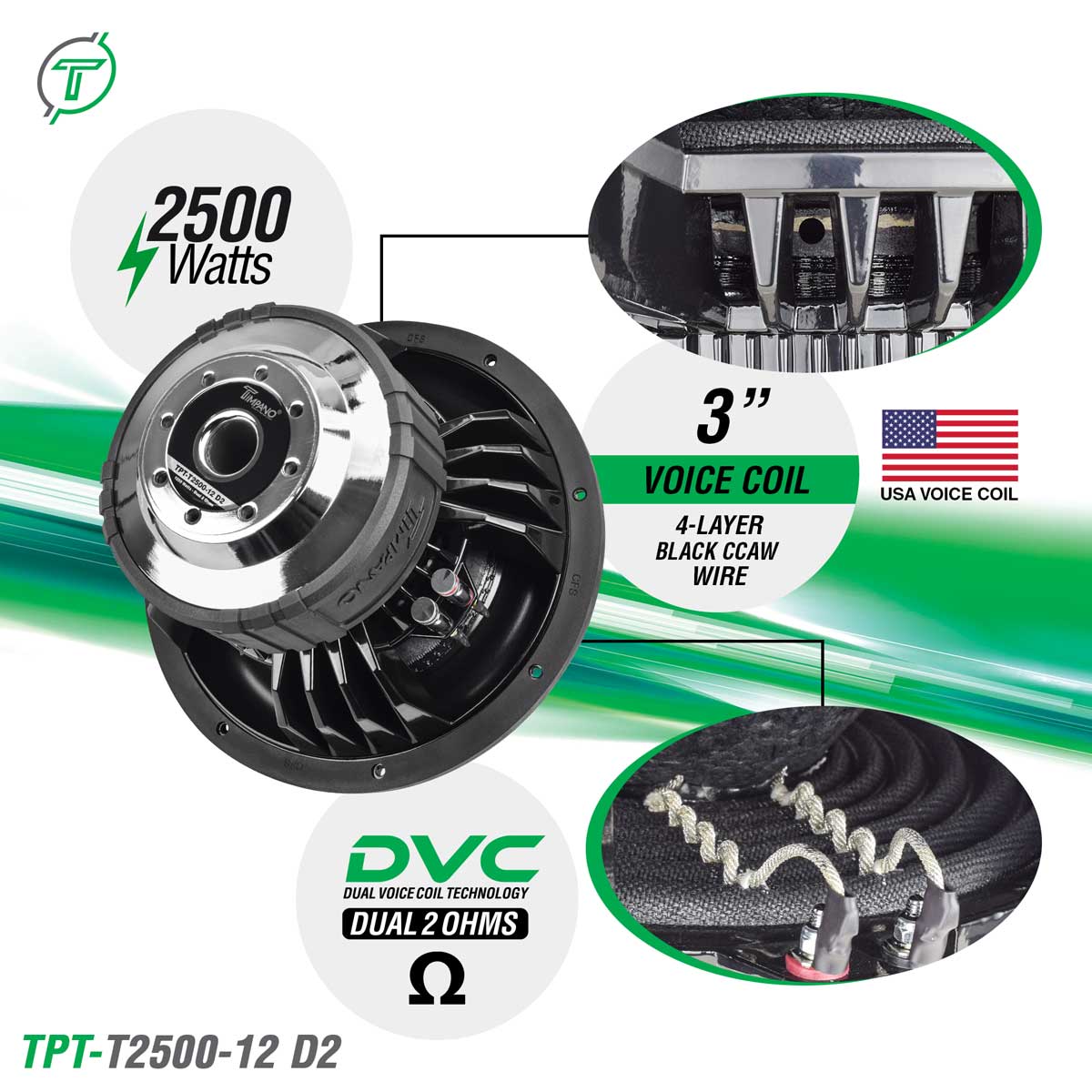 Timpano Audio TPT-T2500-1x12 D2 12" Car Audio Subwoofer Box 2500 Watts 1 Ohm TPT-T2500-112 Loaded Ported Enclosure