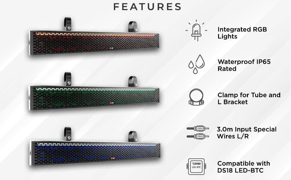 DS18 HYDRO SBAR35 35" Marine Water Resistant Sound Bar Speaker System RGB LED Lights 10 Speakers 800 Watts