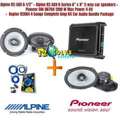 Alpine R2-S65 6-1/2" + Alpine R2-S69 R-Series 6" x 9" 2-way car speakers +  Pioneer GM-D8704 1200 W Max Power 4-Ch +  Raptor R2AK4 4 Gauge Complete Amp Kit Car Audio Bundle Package