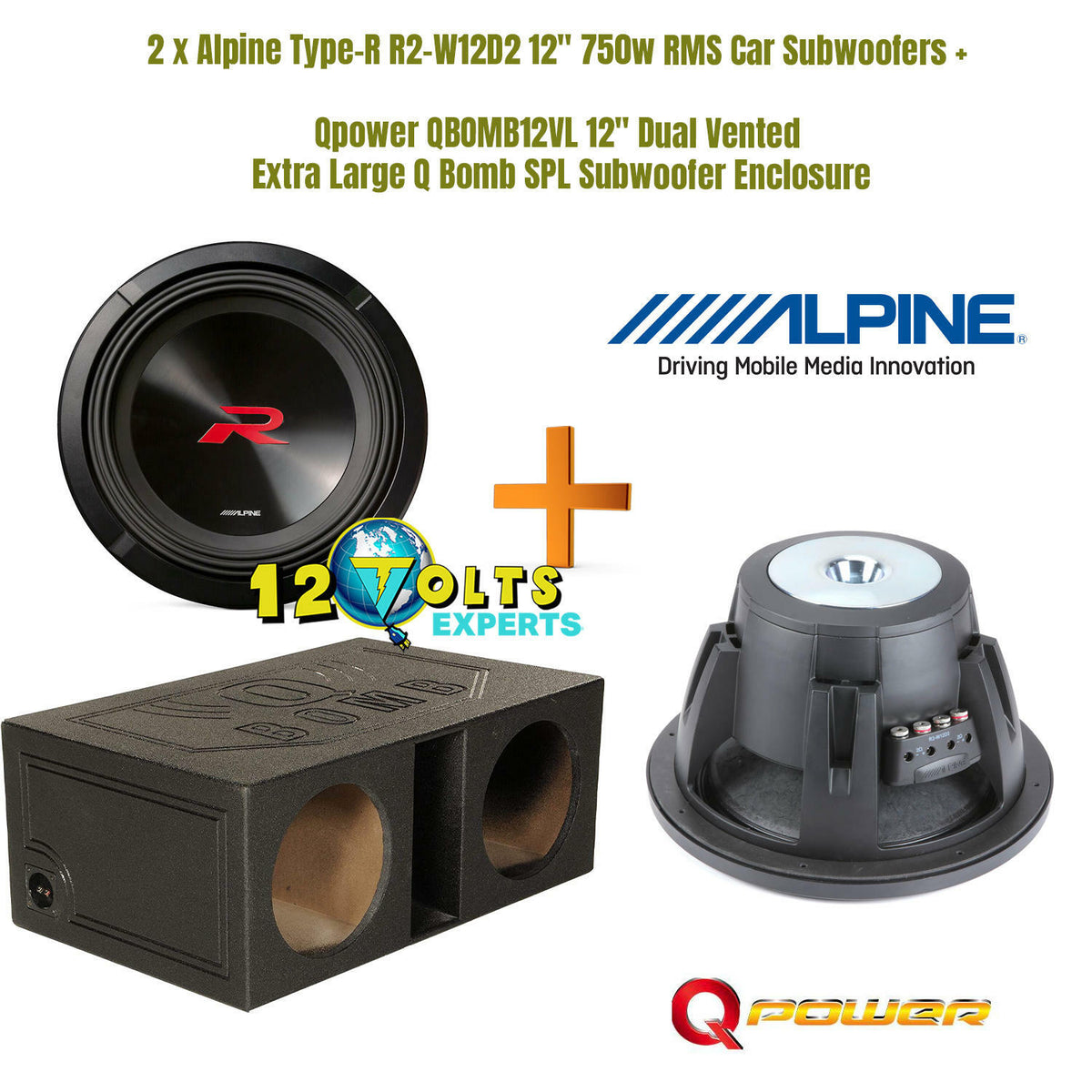 2 x Alpine Type-R R2-W12D2 12" 750w RMS Car Subwoofers +   Qpower QBOMB12VL 2" Dual Vented Extra Large Q Bomb SPL Subwoofer Enclosure