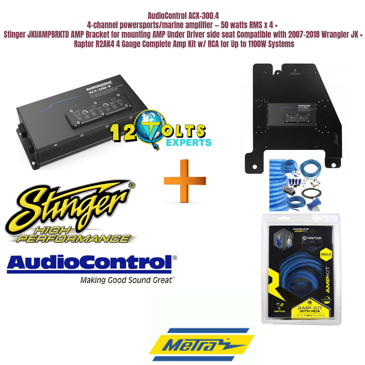 AudioControl ACX-300.4 4-channel powersports/marine amplifier — 50 watts RMS x 4+  Stinger JKUAMPBRKTD AMP Bracket for mounting AMP Under Driver side seat Compatible with 2007-2018 Wrangler JKU + Raptor R2AK4 4 Gauge Complete Amp Kit w/ RCA for Up to