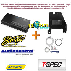 AudioControl ACX-600.1 Mono powersports/marine amplifier — 600 watts RMS x 1 at 2 ohms— 50 watts RMS + Stinger JKUAMPBRKTD AMP Bracket for mounting AMP Under Driver side seat Compatible with 2007-2018 Wrangler JK + T-Spec V10-AK4 4-gauge amplifier wiring