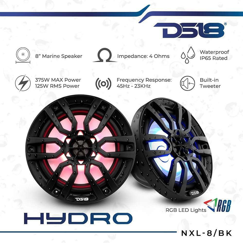 2 Pair of DS18 HYDRO NXL-8BK  8" 2-Way Marine Speakers with LED Lights 375 Watts Matte Black