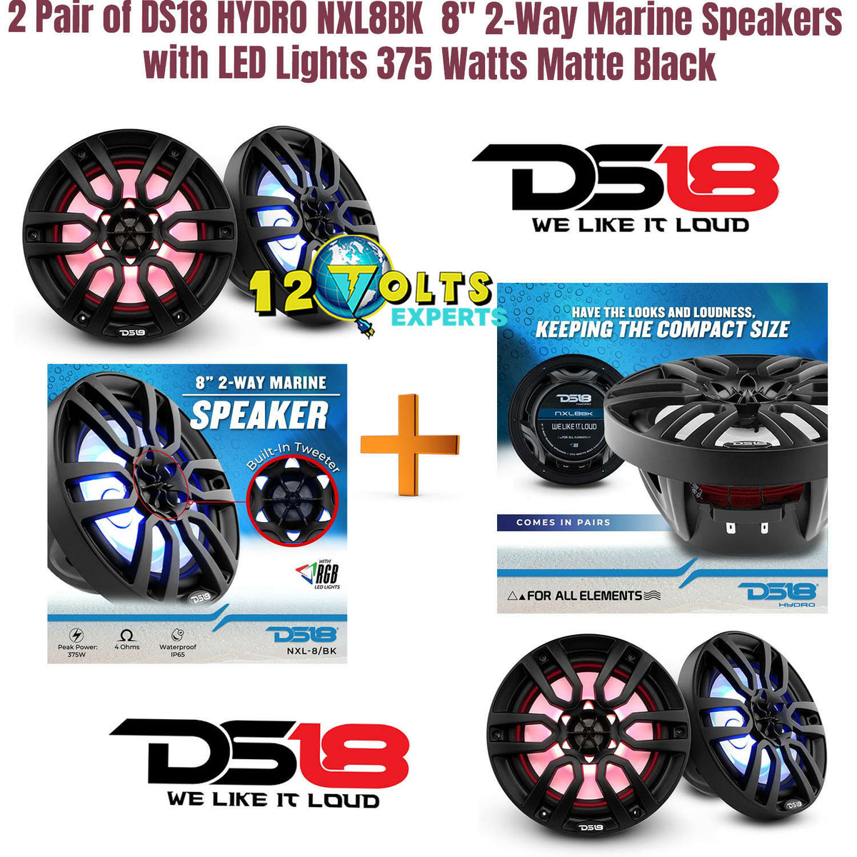 2 Pair of DS18 HYDRO NXL-8BK  8" 2-Way Marine Speakers with LED Lights 375 Watts Matte Black