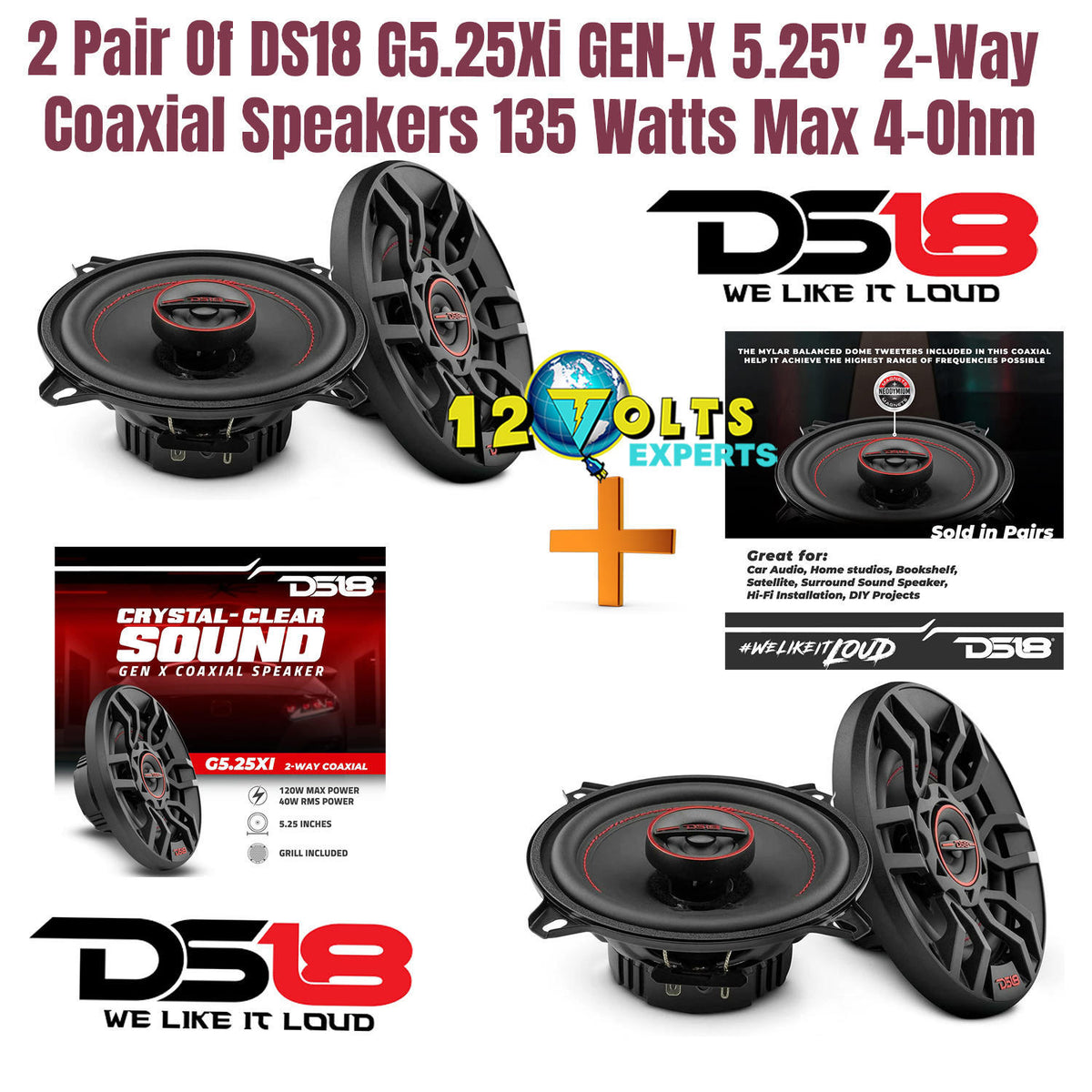 2 Pair Of DS18 G5.25Xi GEN-X 5.25" 2-Way Coaxial Speakers 135 Watts Max 4-Ohm