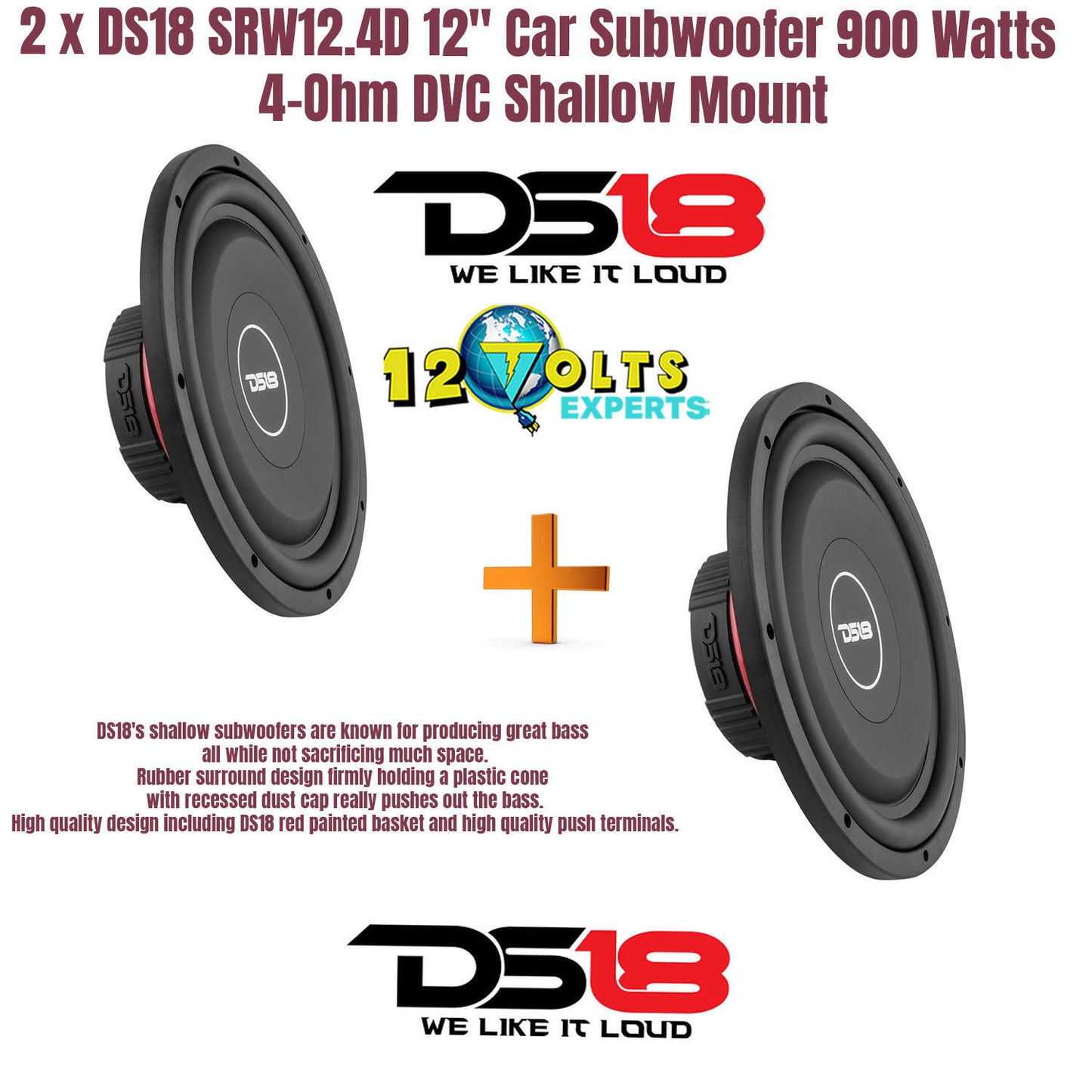 2 x DS18 SRW12.4D 12" Car Subwoofer 900 Watts 4-Ohm DVC Shallow Mount