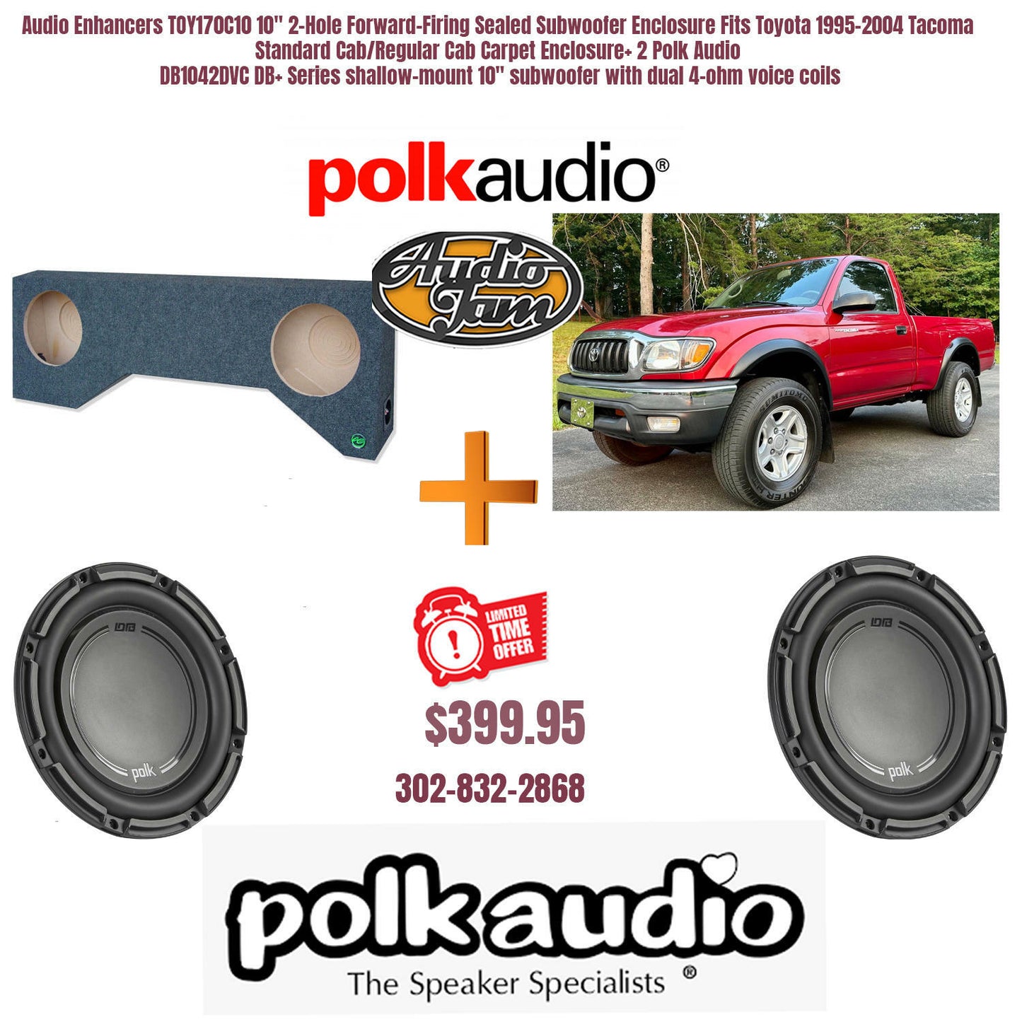 Audio Enhancers TOY170C10 10" 2-Hole Forward-Firing Sealed Subwoofer Enclosure Fits Toyota 1995-2004 Tacoma Standard Cab/Regular Cab Carpet Enclosure+ 2 Polk Audio DB1042DVC DB+ Series shallow-mount 10" subwoofer with dual 4-ohm voice coils