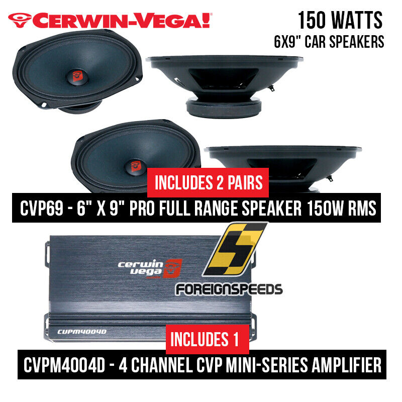 4 x Cerwin Vega CVP69 6″ x 9″ 300W PRO Audio Speaker + CVPM4004D 4 Channel Amp