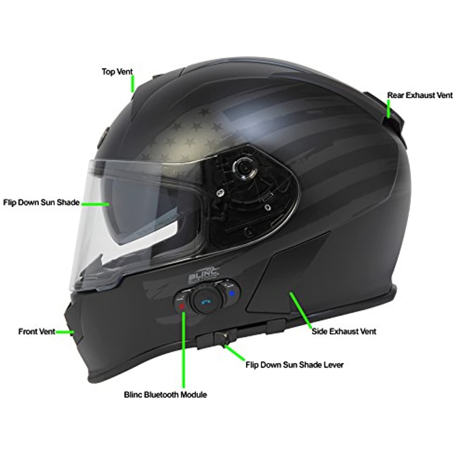 Torc T14B Bluetooth Integrated Mako Full Face Helmet with Flag Graphic (Flat Black, XX-Large)