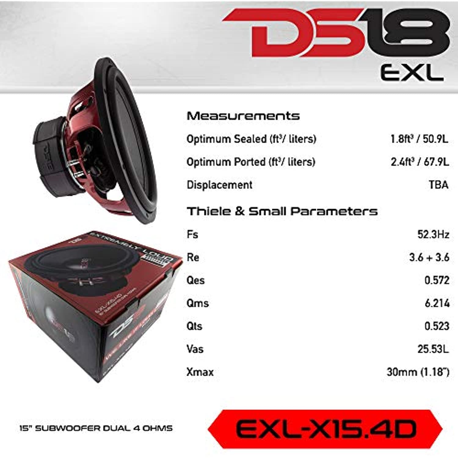 DS18 EXL-X15.4D Subwoofer in Black - 15" Speaker, 2,500 Max Power, 1,250 RMS Power, Fiber Glass Dust Cap, Red Aluminum Frame, Dual Voice Coil 4+4 Ohm Impedance, Treated Rubber Edge (1 Speaker)