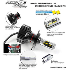 Race Sport Lighting H4TLED Terminator Series H4 Fan-less LED Conversion Headlight Kit with Pin Point Projection Optical Aims and Shallow Mount Design