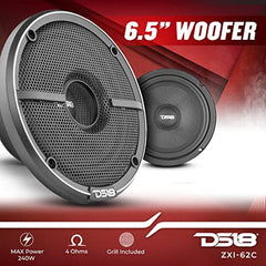 DS18 ZXI-62C 6.5" 2- Way Car Audio Component Speaker System with Kevlar Cone - Set of Woofer, Crossover & Tweeter