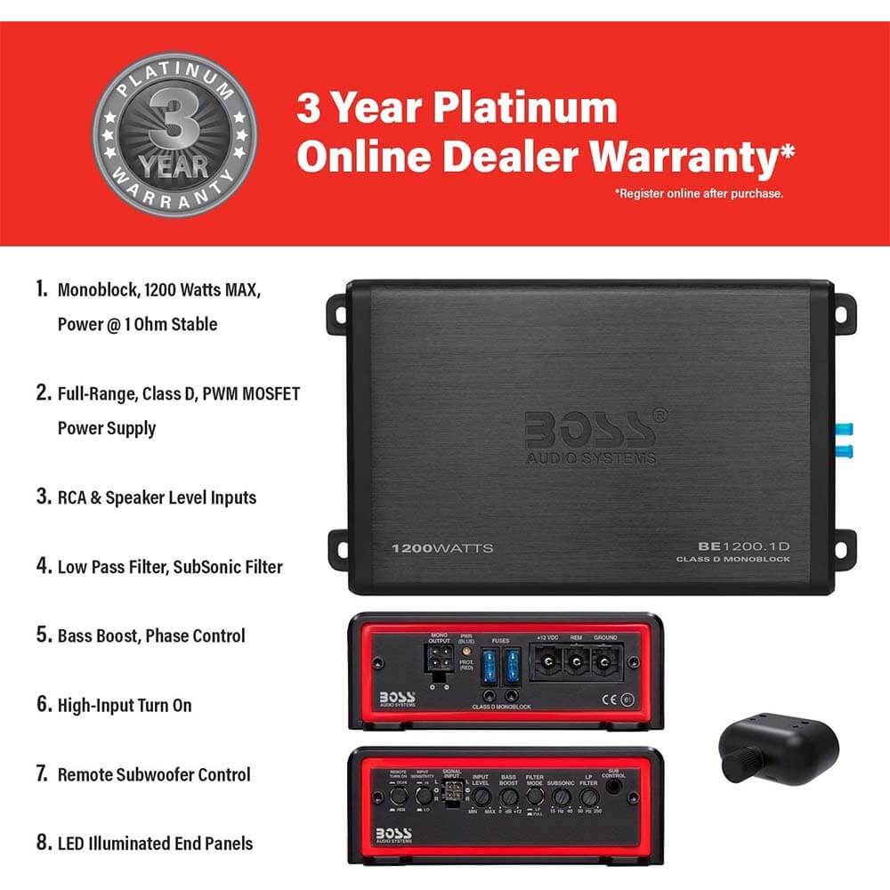 BOSS Audio BE1200.1D Class D Car Amplifier - 1200 Watts 1 Ohm Stable, Digital