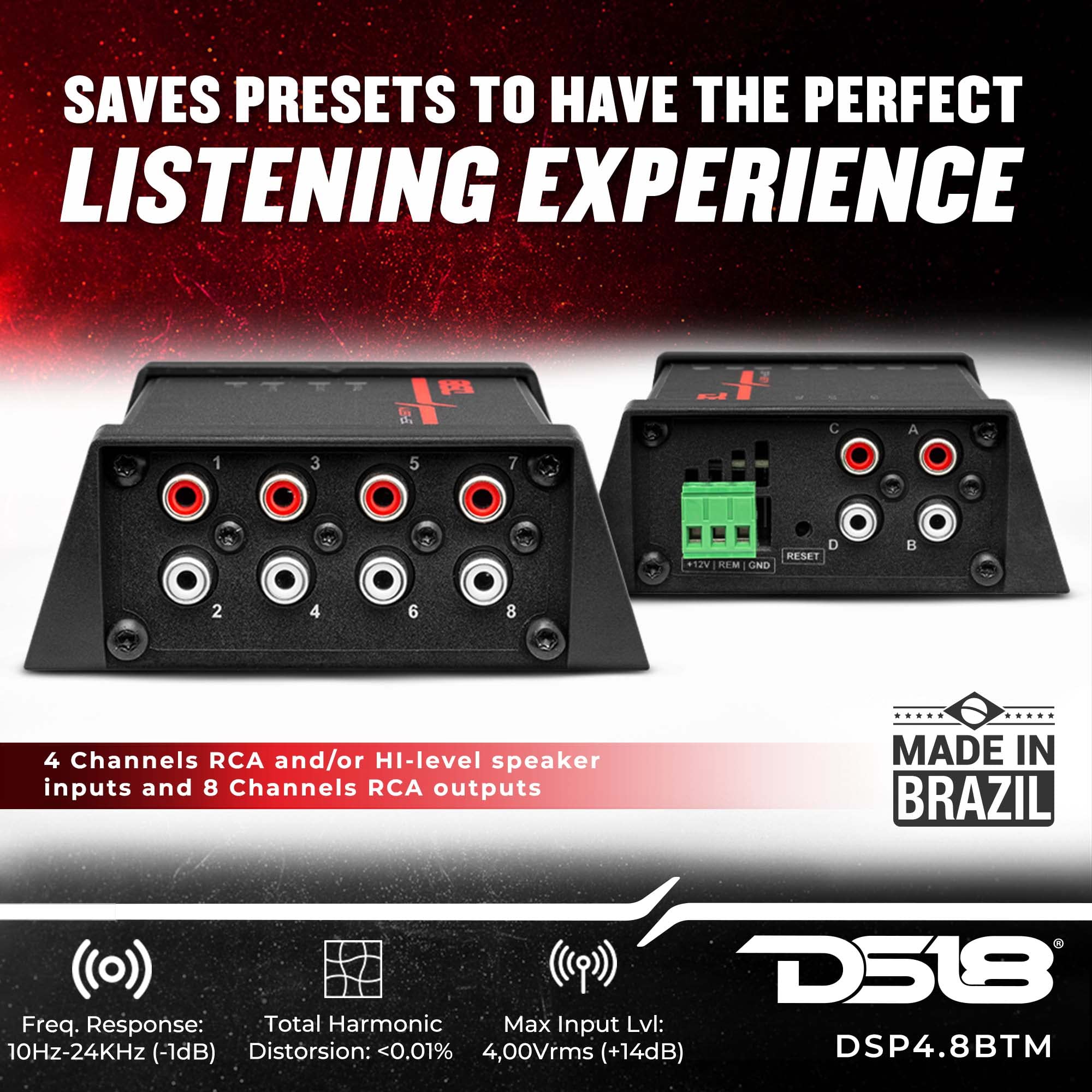 DS18 DSP4.8BTM 4-Channel in and 8-Channel Out Digital Sound Processor with Bluetooth Connectivity - Water Resistant