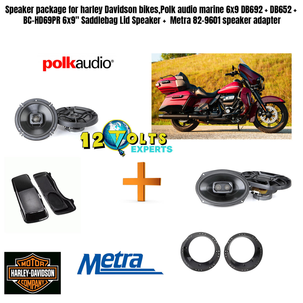 Speaker package for Harley Davidson bikes, Polk audio marine 6x9 DB692 + DB652 + BC-HD69PR 6x9" Saddlebag Lid Speaker +  Metra 82-9601 speaker adapter