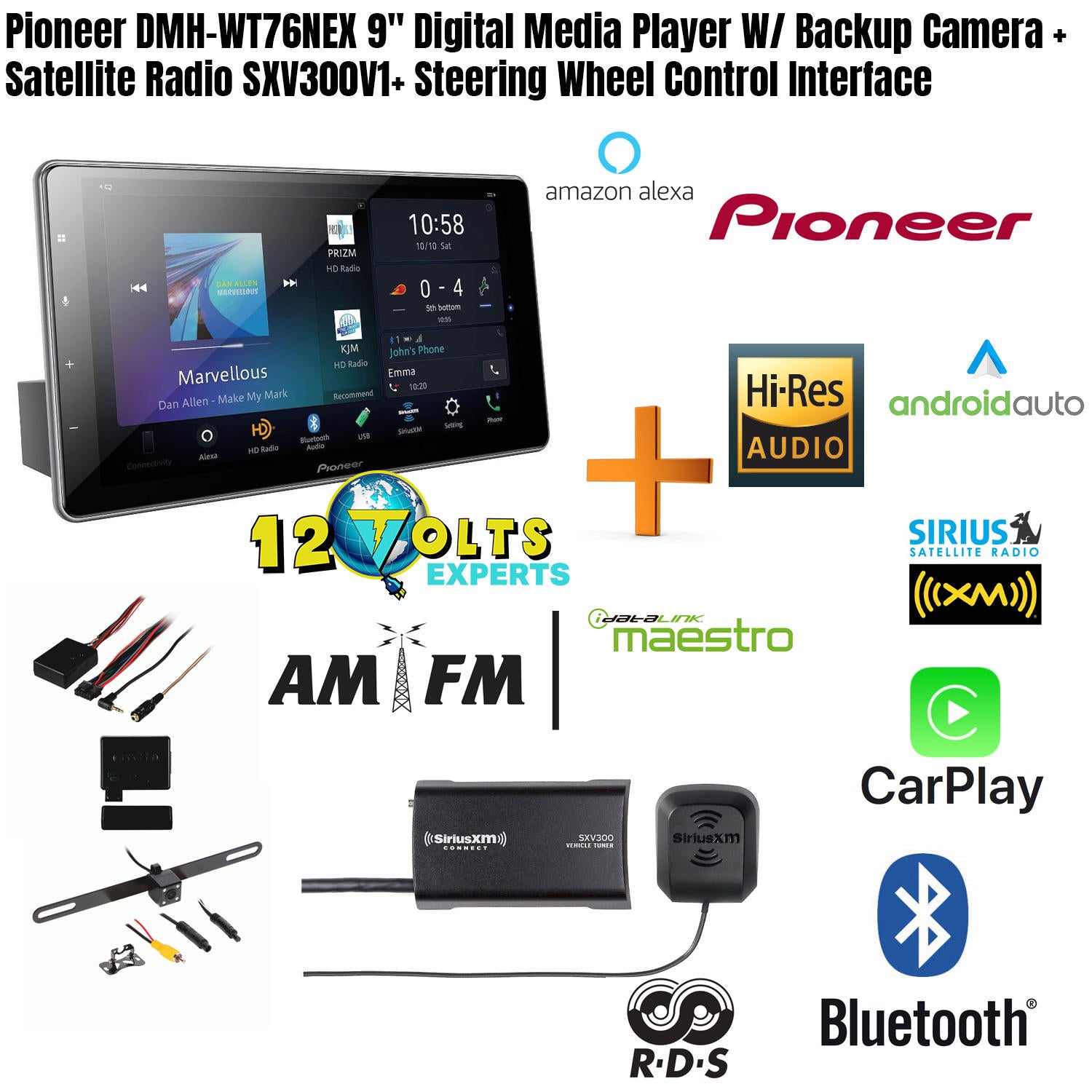 Pioneer DMH-WT76NEX 9" Digital Media Player W/ Backup Camera + Satellite Radio SXV300V1+ Steering Wheel Control Interface